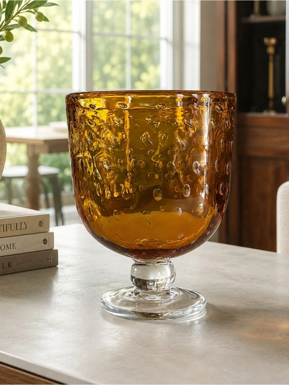 Amber Compote Optic Bubble Vase Clear Footed Empoli Style Vtg MCM Art Glass 9.5
